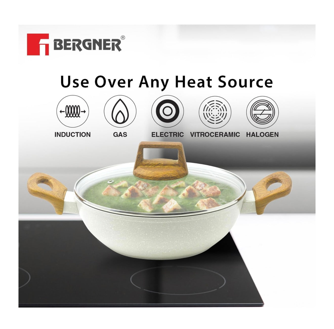 BERGNER Naturally Cast Aluminum 24cm (2 L) Kadai with Glass Lid, Marble Non-Stick Coated Kadhai, Less Oil Use, Soft Touch Stylish Handles - Induction Bottom, Free Non-Woven Trivet