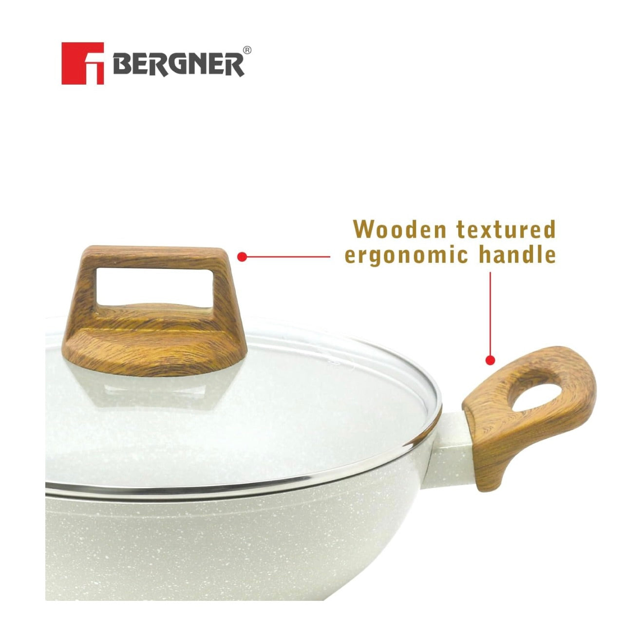 BERGNER Naturally Cast Aluminum 24cm (2 L) Kadai with Glass Lid, Marble Non-Stick Coated Kadhai, Less Oil Use, Soft Touch Stylish Handles - Induction Bottom, Free Non-Woven Trivet