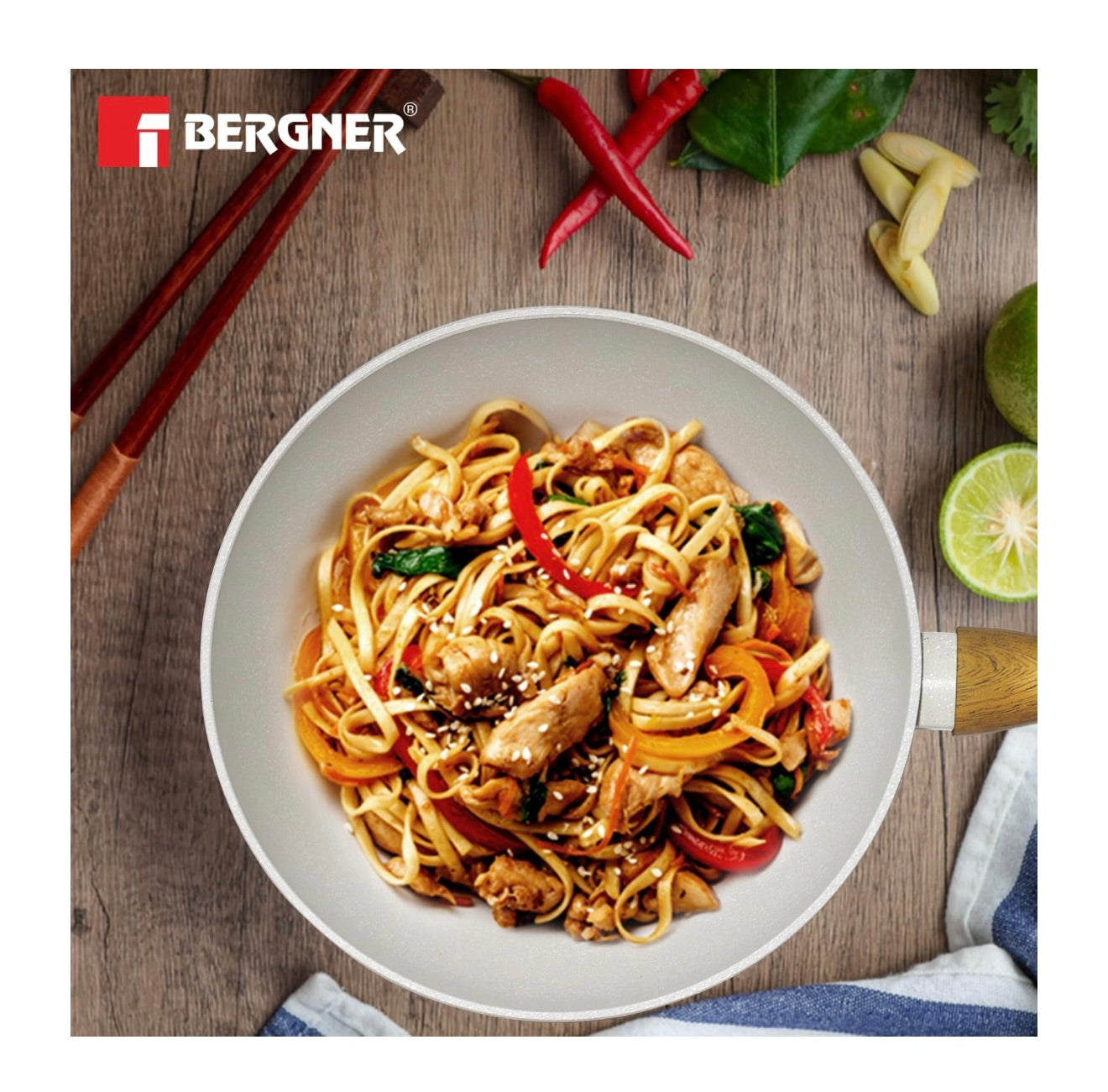 BERGNER Naturally Forged Aluminum 28cm (3 L) Wok, Marble Non-Stick Coating, Less Oil Use, Scratch Resistant and Durable, Soft Touch Handle, Easy to Clean - Induction Bottom, Free Non-Woven Trivet