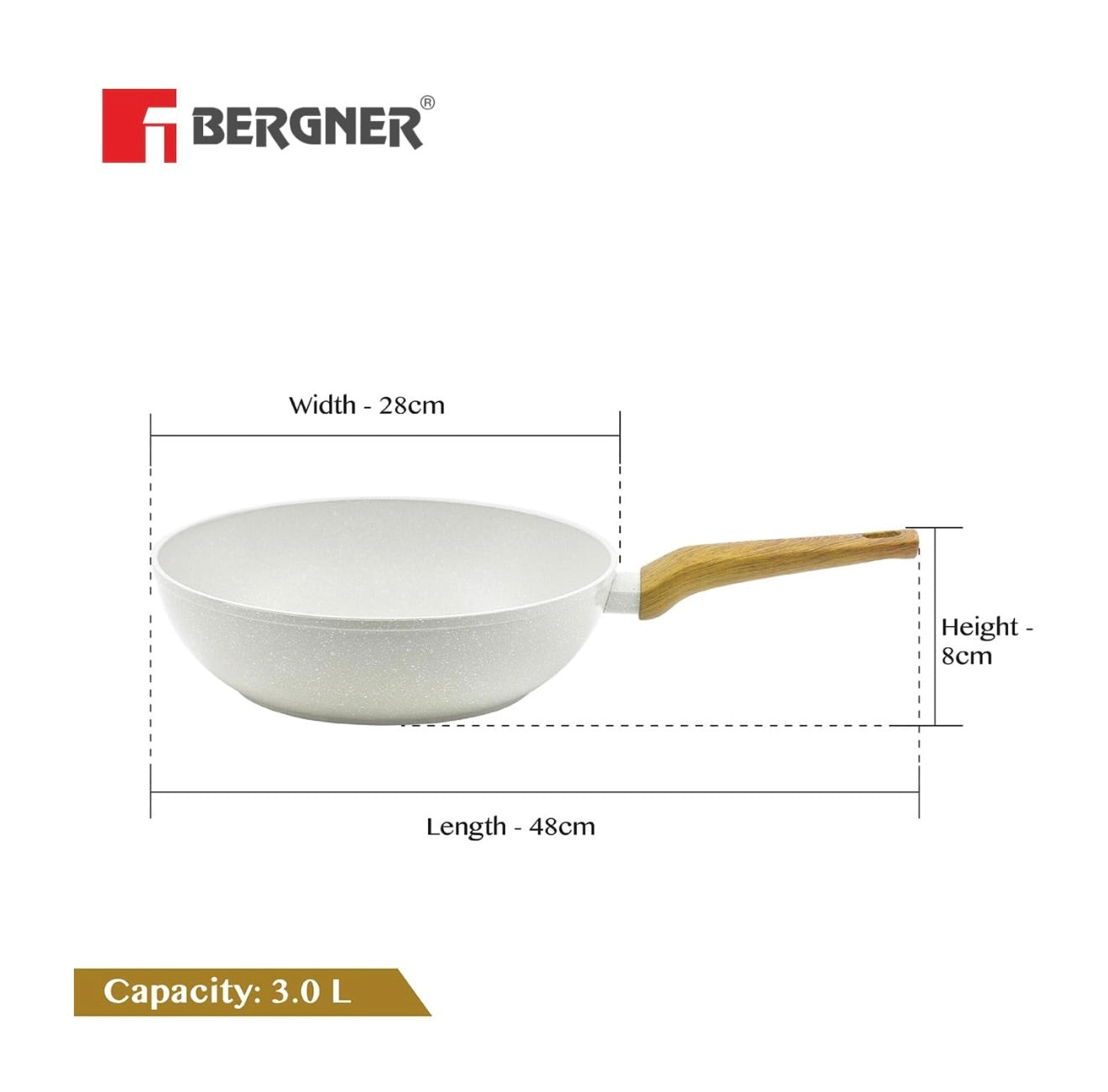 BERGNER Naturally Forged Aluminum 28cm (3 L) Wok, Marble Non-Stick Coating, Less Oil Use, Scratch Resistant and Durable, Soft Touch Handle, Easy to Clean - Induction Bottom, Free Non-Woven Trivet