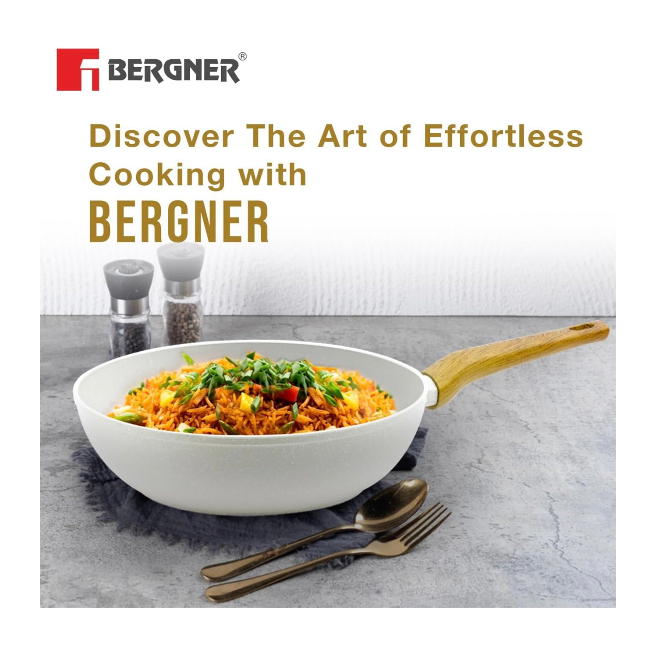 BERGNER Naturally Forged Aluminum 28cm (3 L) Wok, Marble Non-Stick Coating, Less Oil Use, Scratch Resistant and Durable, Soft Touch Handle, Easy to Clean - Induction Bottom, Free Non-Woven Trivet