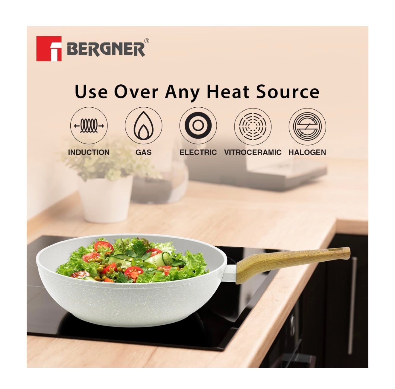 BERGNER Naturally Forged Aluminum 28cm (3 L) Wok, Marble Non-Stick Coating, Less Oil Use, Scratch Resistant and Durable, Soft Touch Handle, Easy to Clean - Induction Bottom, Free Non-Woven Trivet