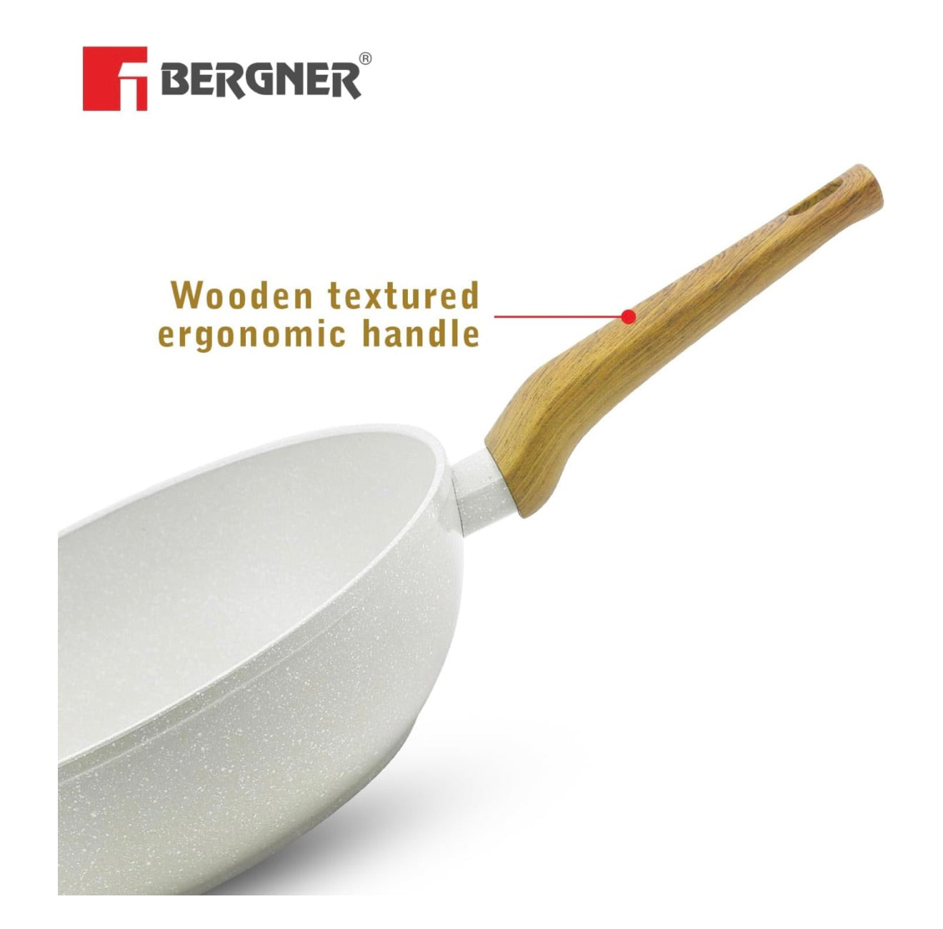 BERGNER Naturally Forged Aluminum 28cm (3 L) Wok, Marble Non-Stick Coating, Less Oil Use, Scratch Resistant and Durable, Soft Touch Handle, Easy to Clean - Induction Bottom, Free Non-Woven Trivet
