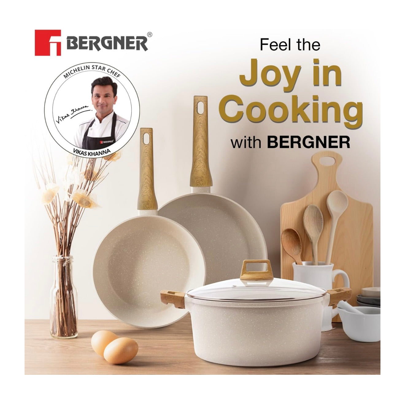 Bergner Naturally Cast Aluminum 24cm (3.5 L) Casserole with Glass Lid, Marble Non-Stick Coating, Less Oil Use, Scratch Resistant, Soft Touch Stylish Handles - Induction Bottom, Free Non-Woven Trivet