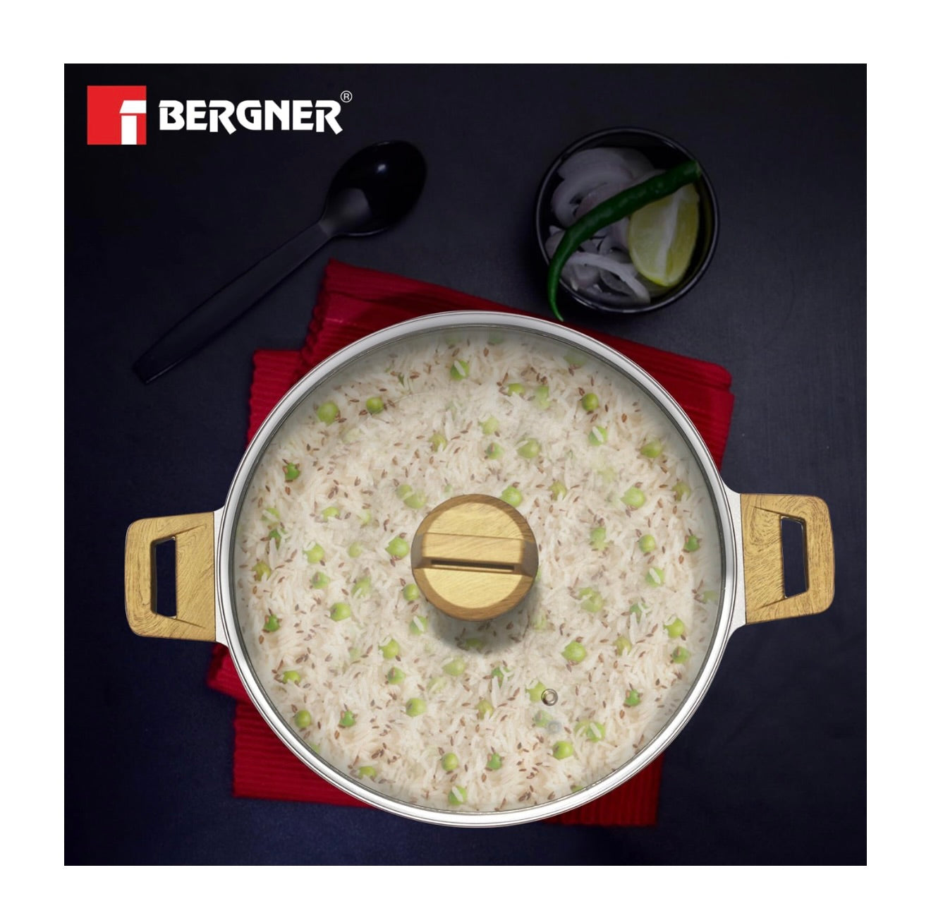 Bergner Naturally Cast Aluminum 24cm (3.5 L) Casserole with Glass Lid, Marble Non-Stick Coating, Less Oil Use, Scratch Resistant, Soft Touch Stylish Handles - Induction Bottom, Free Non-Woven Trivet