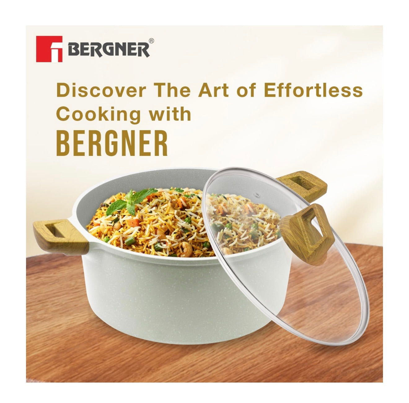 Bergner Naturally Cast Aluminum 24cm (3.5 L) Casserole with Glass Lid, Marble Non-Stick Coating, Less Oil Use, Scratch Resistant, Soft Touch Stylish Handles - Induction Bottom, Free Non-Woven Trivet