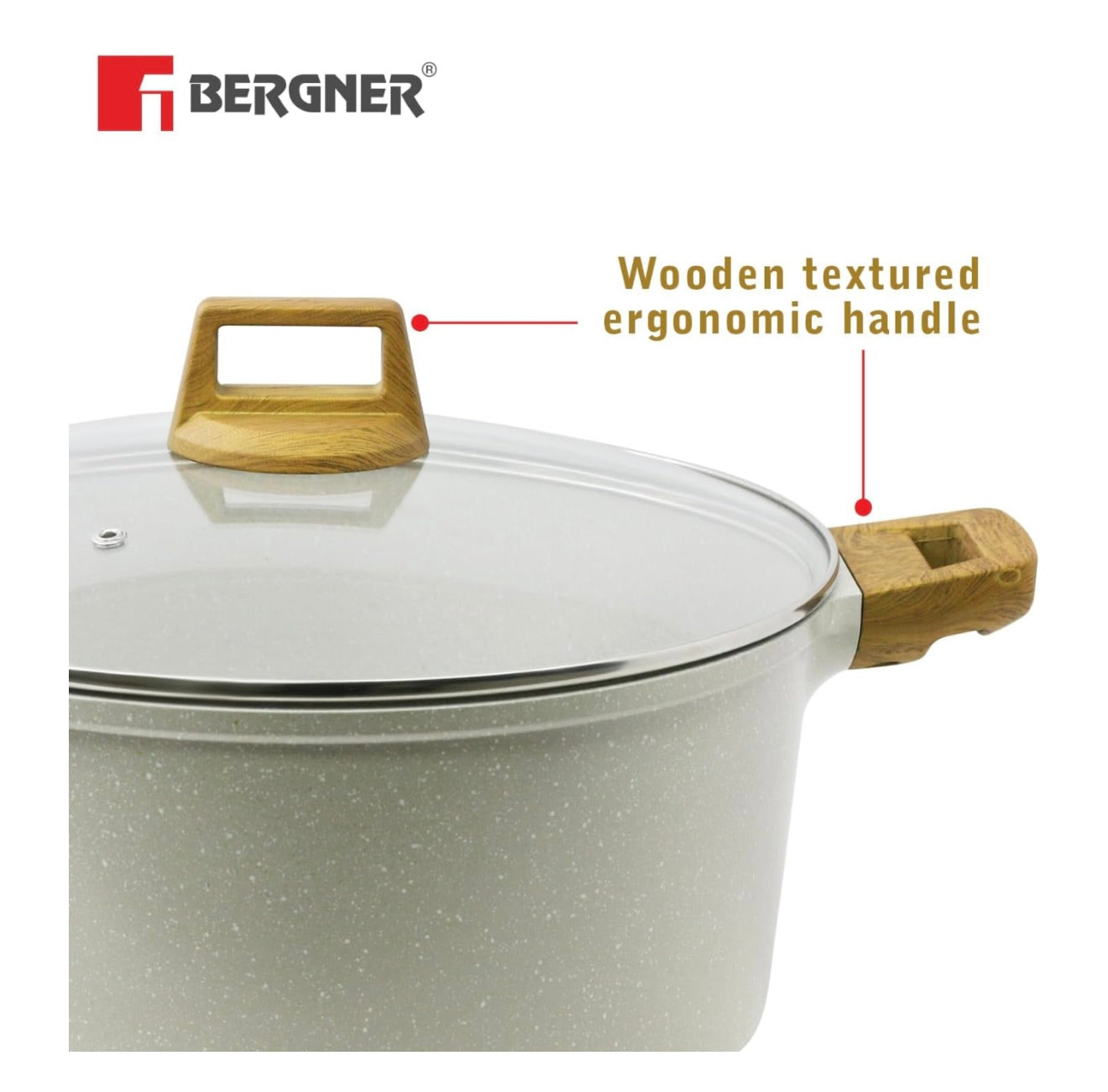 Bergner Naturally Cast Aluminum 24cm (3.5 L) Casserole with Glass Lid, Marble Non-Stick Coating, Less Oil Use, Scratch Resistant, Soft Touch Stylish Handles - Induction Bottom, Free Non-Woven Trivet