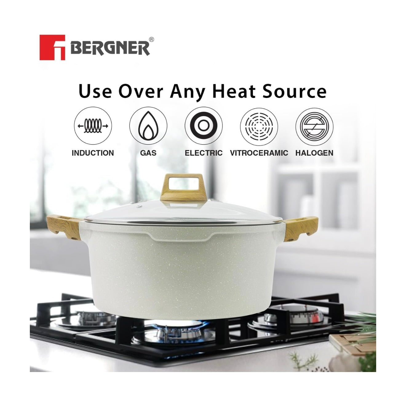Bergner Naturally Cast Aluminum 24cm (3.5 L) Casserole with Glass Lid, Marble Non-Stick Coating, Less Oil Use, Scratch Resistant, Soft Touch Stylish Handles - Induction Bottom, Free Non-Woven Trivet