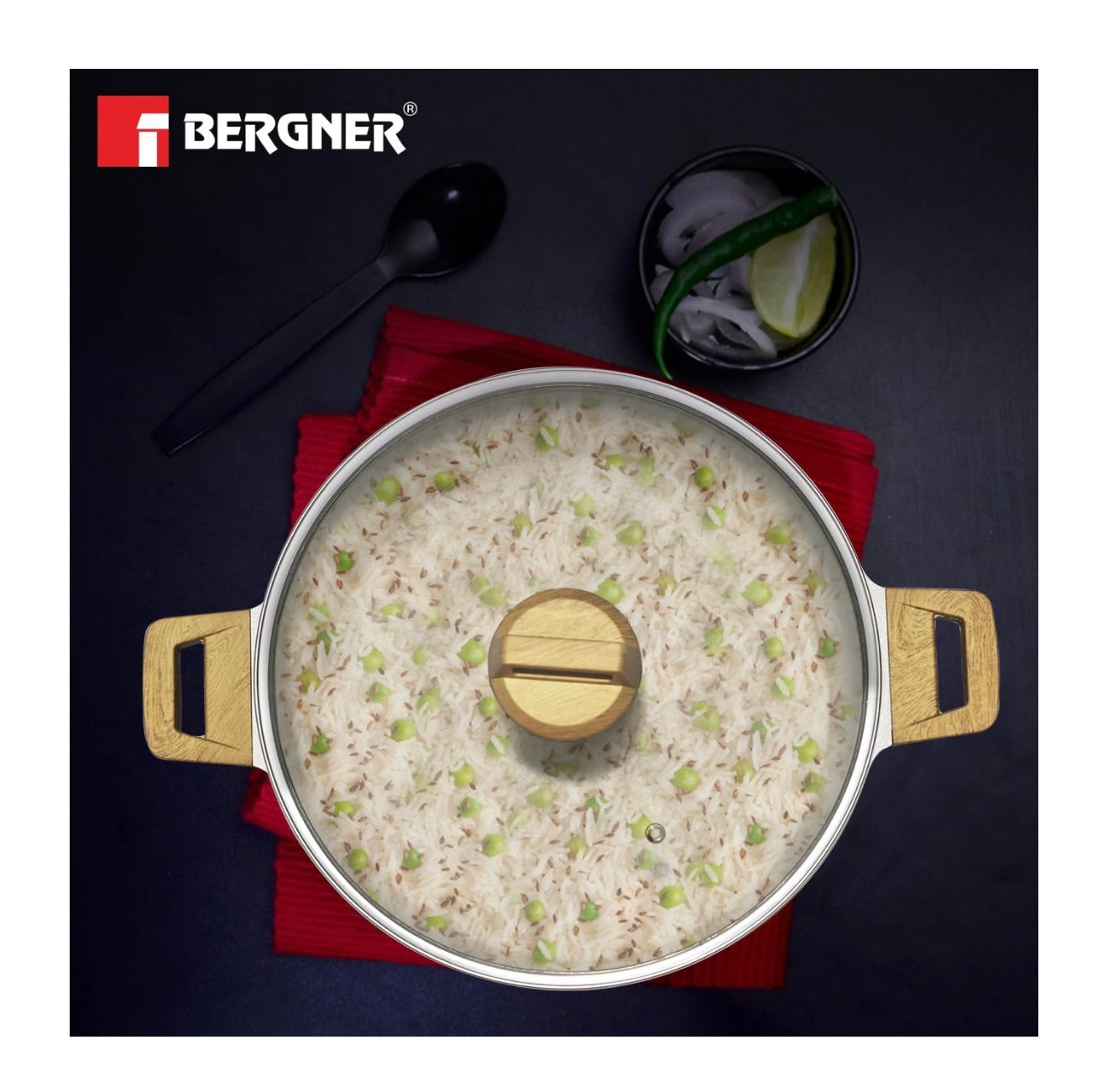 Bergner Naturally Cast Aluminum 28cm (5 L) Casserole with Glass Lid, Marble Non-Stick Coating, Less Oil Use, Scratch Resistant, Soft Touch Stylish Handles - Induction Bottom, Free Non-Woven Trivet