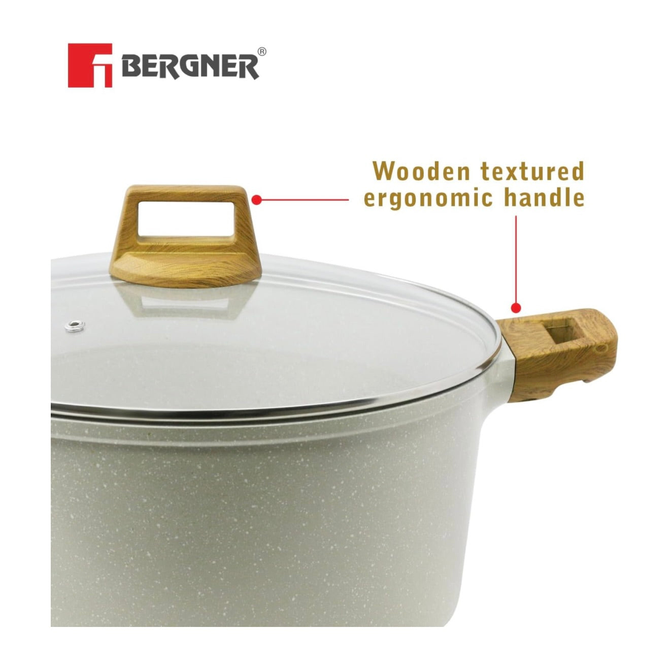 Bergner Naturally Cast Aluminum 28cm (5 L) Casserole with Glass Lid, Marble Non-Stick Coating, Less Oil Use, Scratch Resistant, Soft Touch Stylish Handles - Induction Bottom, Free Non-Woven Trivet