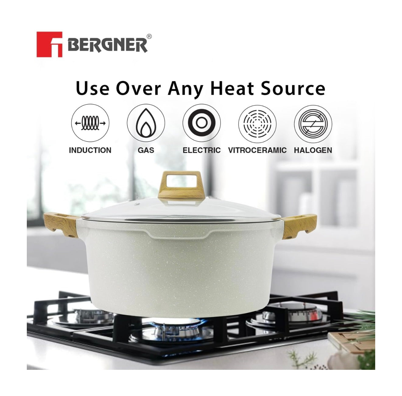 Bergner Naturally Cast Aluminum 28cm (5 L) Casserole with Glass Lid, Marble Non-Stick Coating, Less Oil Use, Scratch Resistant, Soft Touch Stylish Handles - Induction Bottom, Free Non-Woven Trivet