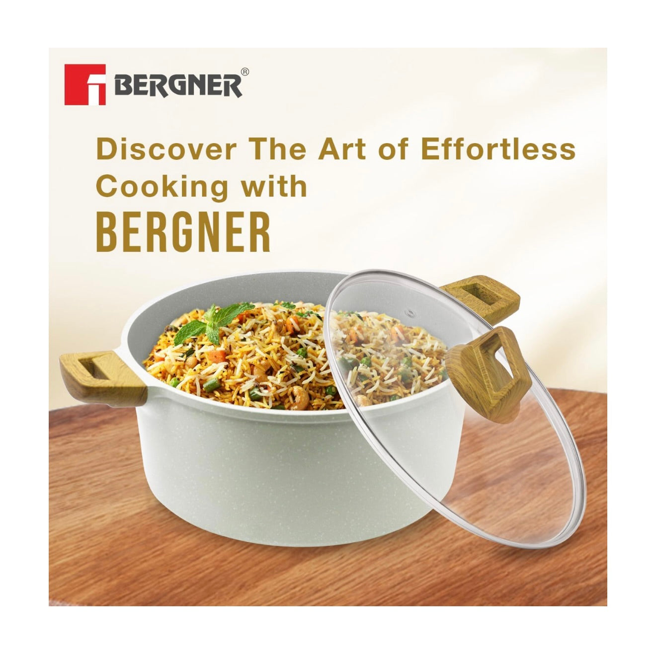 Bergner Naturally Cast Aluminum 32cm (9 L) Casserole with Glass Lid, Marble Non-Stick Coating, Less Oil Use, Scratch Resistant, Soft Touch Stylish Handles - Induction Bottom, Free Non-Woven Trivet