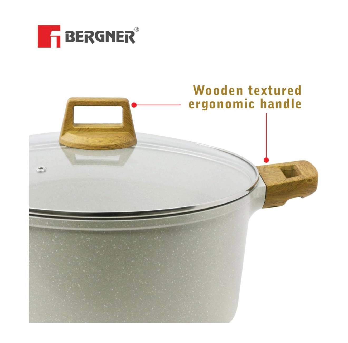 Bergner Naturally Cast Aluminum 32cm (9 L) Casserole with Glass Lid, Marble Non-Stick Coating, Less Oil Use, Scratch Resistant, Soft Touch Stylish Handles - Induction Bottom, Free Non-Woven Trivet