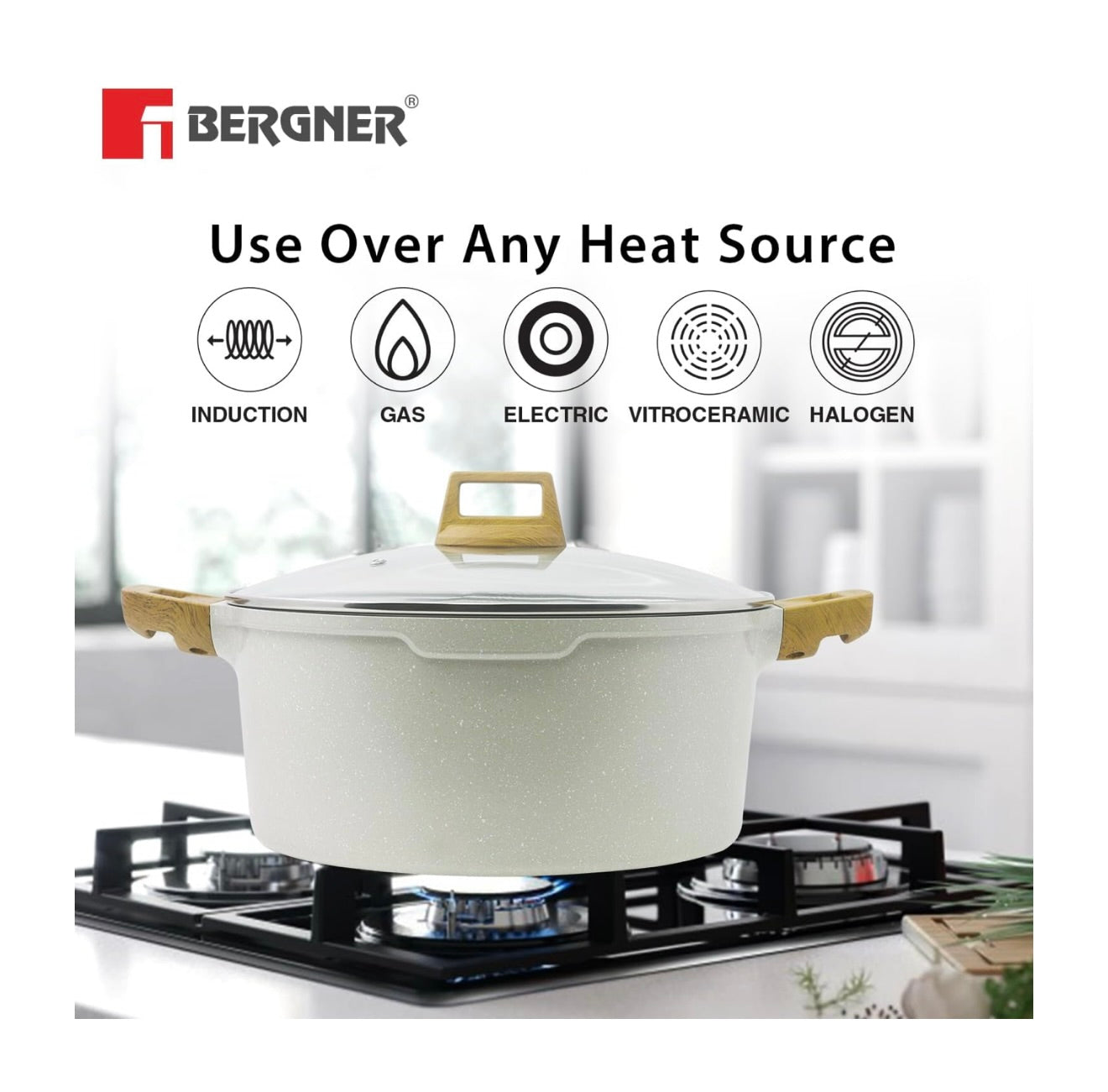 Bergner Naturally Cast Aluminum 32cm (9 L) Casserole with Glass Lid, Marble Non-Stick Coating, Less Oil Use, Scratch Resistant, Soft Touch Stylish Handles - Induction Bottom, Free Non-Woven Trivet
