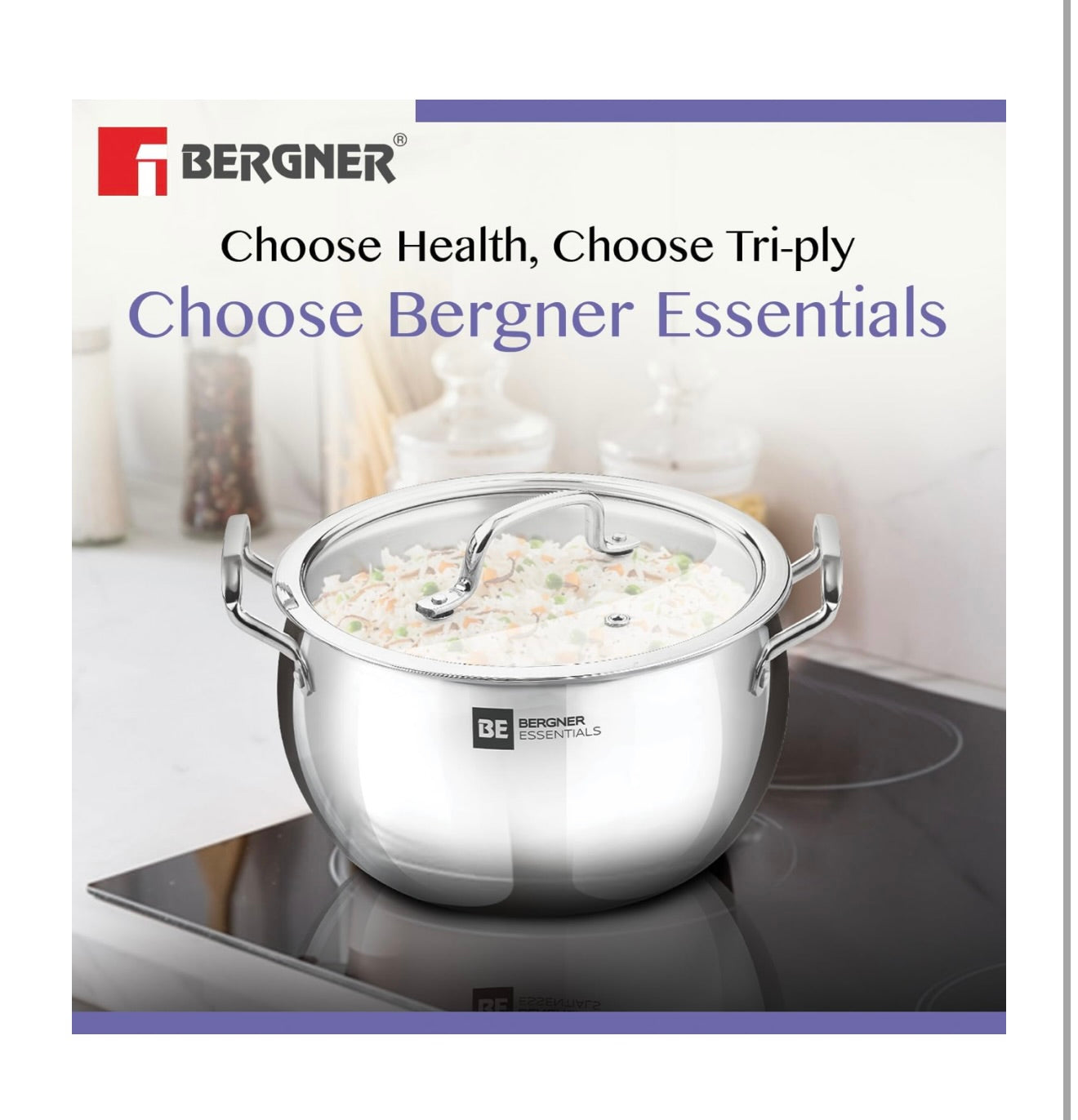 Bergner BE Essentials TriPly Stainless Steel 16cm Rice Handi with Lid, Small Rice Handi with Handle, Even Heat Distribution, Non-Toxic, Healthy, Less Oil Use - Induction and Gas Stove Ready