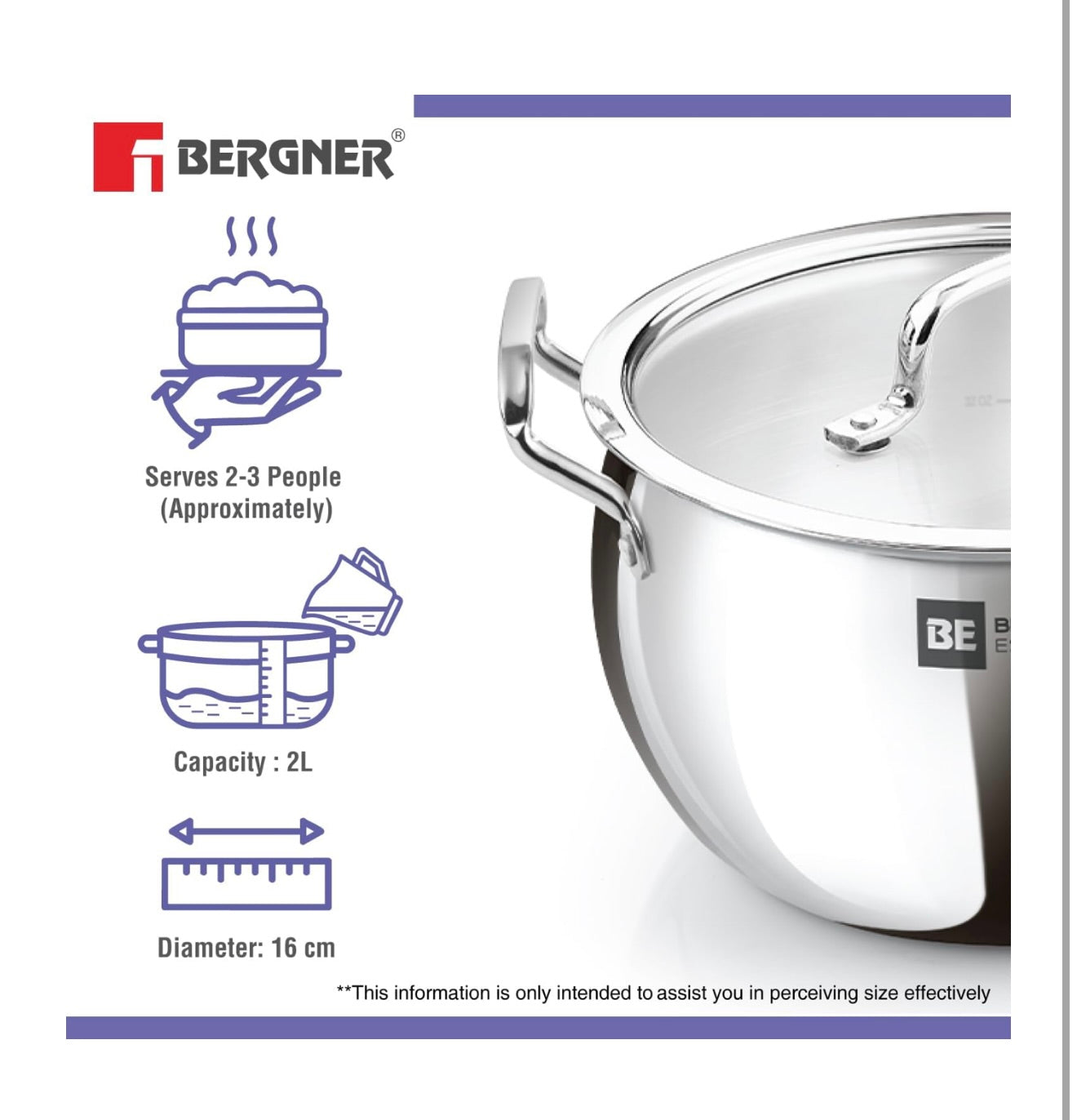 Bergner BE Essentials TriPly Stainless Steel 16cm Rice Handi with Lid, Small Rice Handi with Handle, Even Heat Distribution, Non-Toxic, Healthy, Less Oil Use - Induction and Gas Stove Ready
