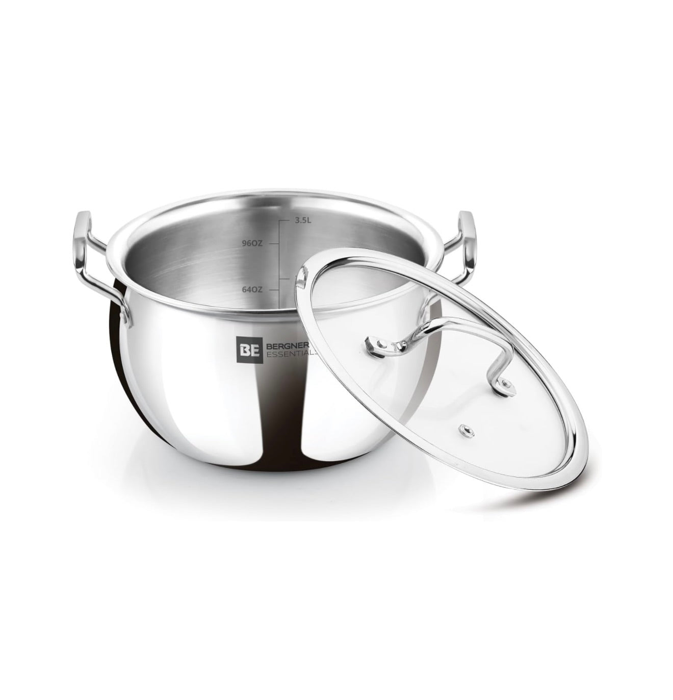 Bergner BE Essentials TriPly Stainless Steel 18 cm (2 L) Rice Handi with Glass Lid, Medium Size Rice Handi, Even Heat Distribution, Non-Toxic, Healthy, Less Oil Use - Induction and Gas Stove Ready