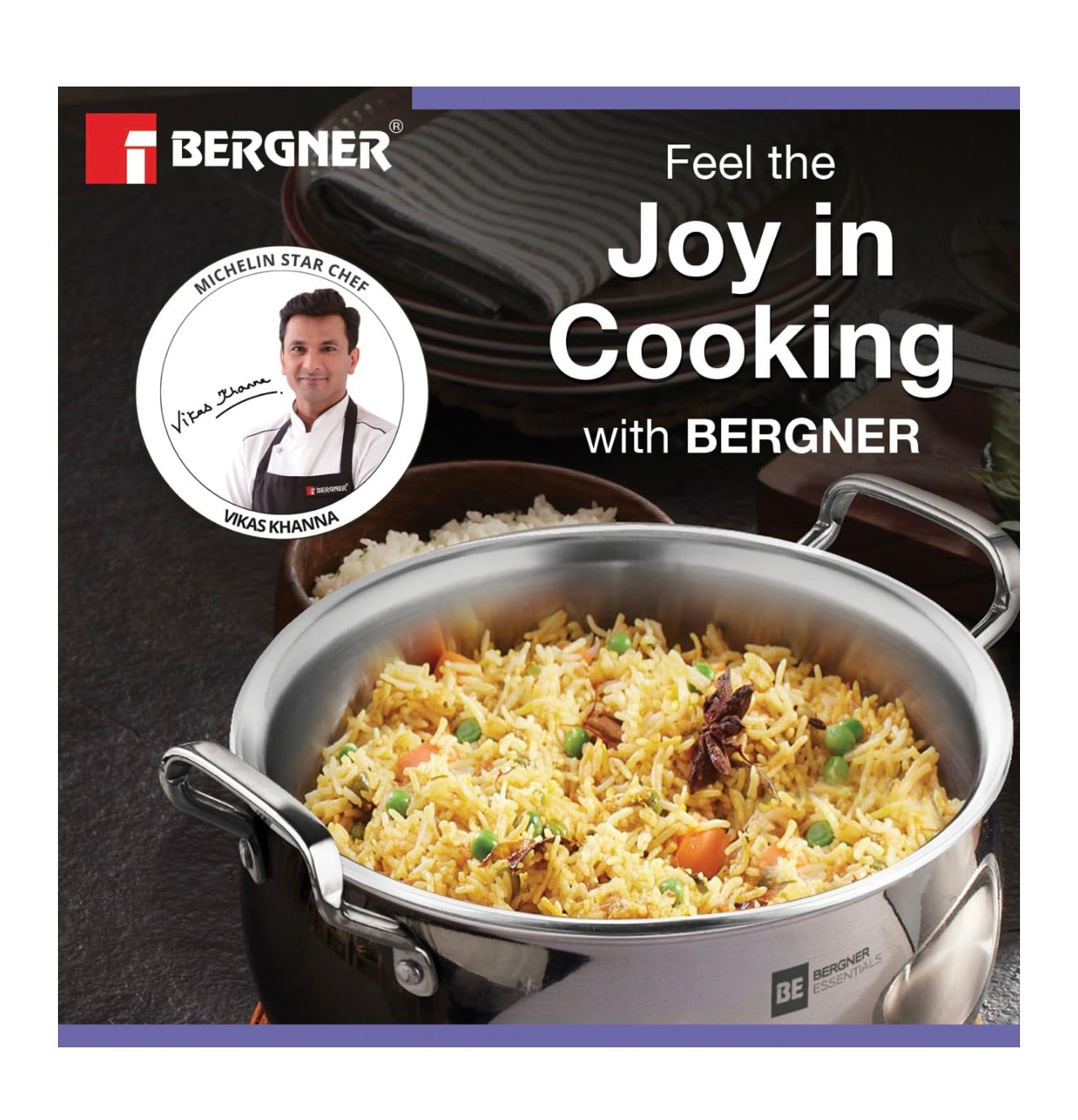 Bergner BE Essentials TriPly Stainless Steel 18 cm (2 L) Rice Handi with Glass Lid, Medium Size Rice Handi, Even Heat Distribution, Non-Toxic, Healthy, Less Oil Use - Induction and Gas Stove Ready