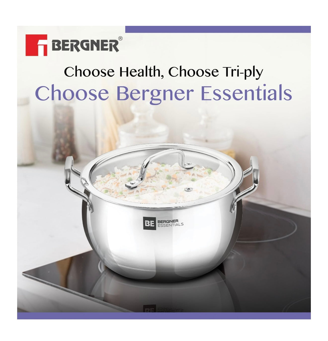 Bergner BE Essentials TriPly Stainless Steel 18 cm (2 L) Rice Handi with Glass Lid, Medium Size Rice Handi, Even Heat Distribution, Non-Toxic, Healthy, Less Oil Use - Induction and Gas Stove Ready