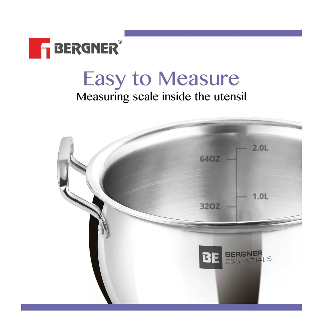 Bergner BE Essentials TriPly Stainless Steel 18 cm (2 L) Rice Handi with Glass Lid, Medium Size Rice Handi, Even Heat Distribution, Non-Toxic, Healthy, Less Oil Use - Induction and Gas Stove Ready