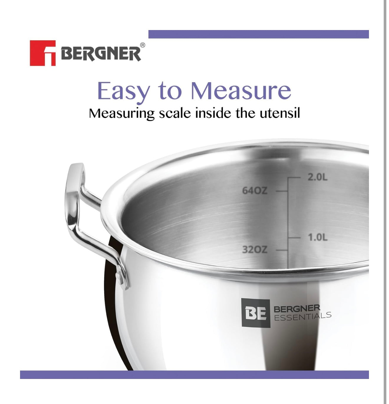 Bergner BE Essentials TriPly Stainless Steel 20cm Rice Handi with Lid, Large Rice Handi, Even Heat Distribution, Easy to Clean, Non-Toxic, Healthy, Less Oil Use - Induction and Gas Stove Ready