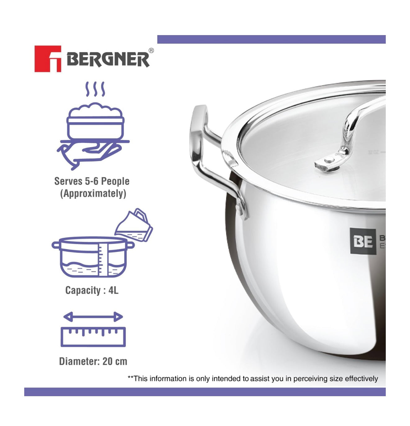 Bergner BE Essentials TriPly Stainless Steel 20cm Rice Handi with Lid, Large Rice Handi, Even Heat Distribution, Easy to Clean, Non-Toxic, Healthy, Less Oil Use - Induction and Gas Stove Ready