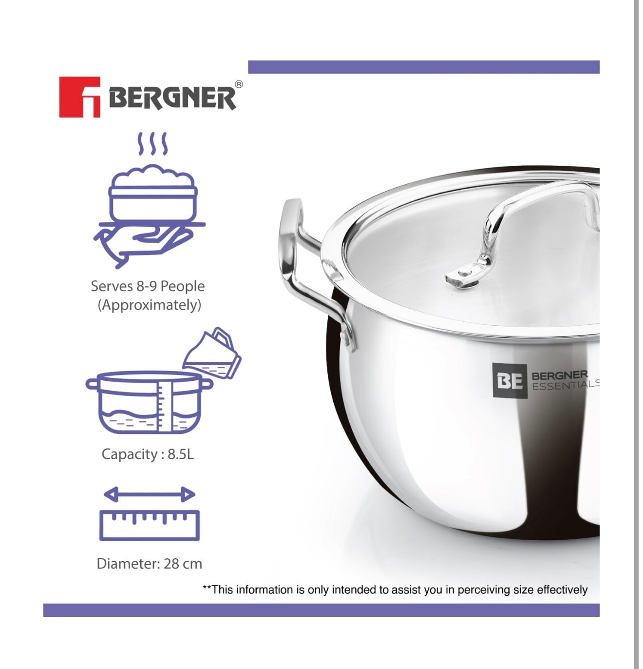 Bergner BE Essentials TriPly Stainless Steel Rice Handi 28cm (8.5L), Biryani Handi with Glass Lid, Ergonomic Handle with Excellent Grip, Less Oil Use, Healthy Cooking - Induction and Gas Stove Ready