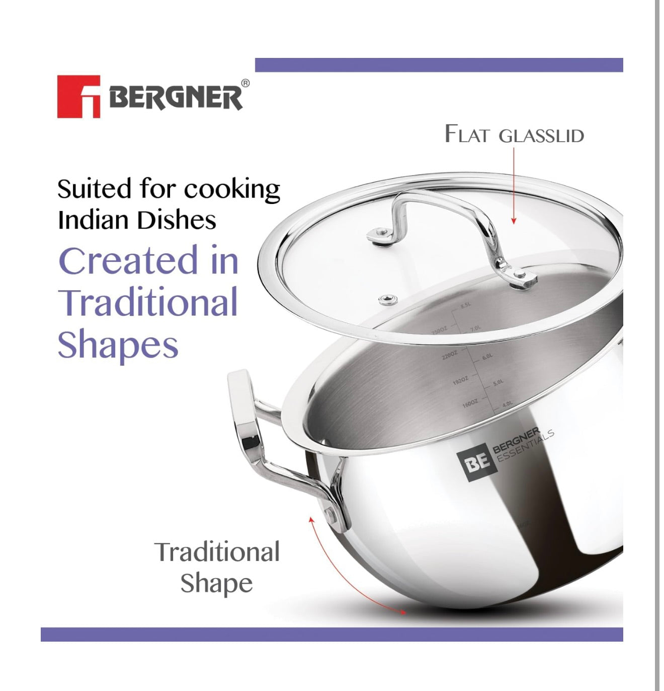 Bergner BE Essentials TriPly Stainless Steel Rice Handi 28cm (8.5L), Biryani Handi with Glass Lid, Ergonomic Handle with Excellent Grip, Less Oil Use, Healthy Cooking - Induction and Gas Stove Ready