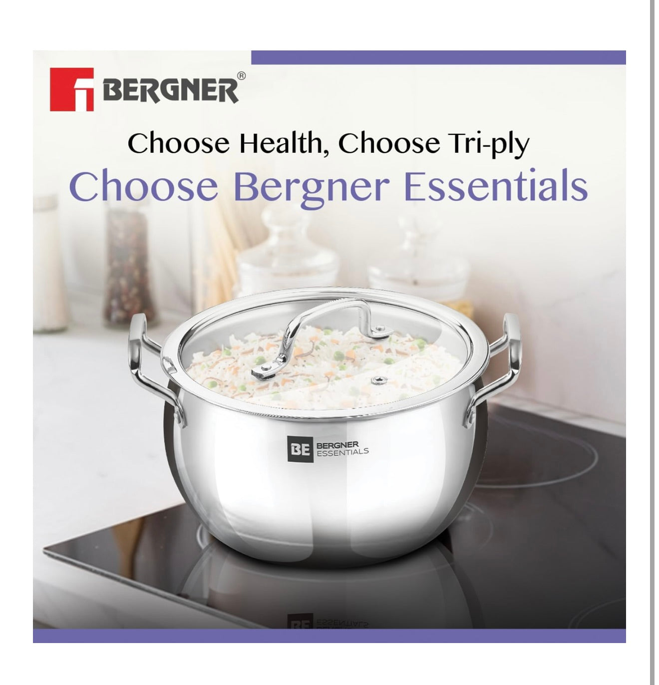Bergner BE Essentials TriPly Stainless Steel Rice Handi 28cm (8.5L), Biryani Handi with Glass Lid, Ergonomic Handle with Excellent Grip, Less Oil Use, Healthy Cooking - Induction and Gas Stove Ready
