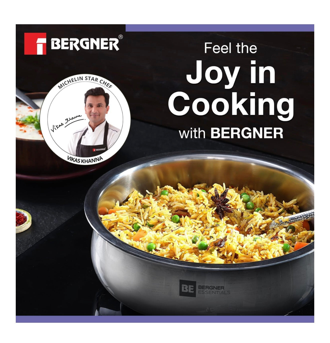 Bergner BE Essentials TriPly Stainless Steel 24 cm Biryani Handi with Lid, 4.4 L Biryani Pot, Patila Handi, Even Heat Distribution, Non-Toxic, Healthy, Less Oil Use - Induction and Gas Stove Ready