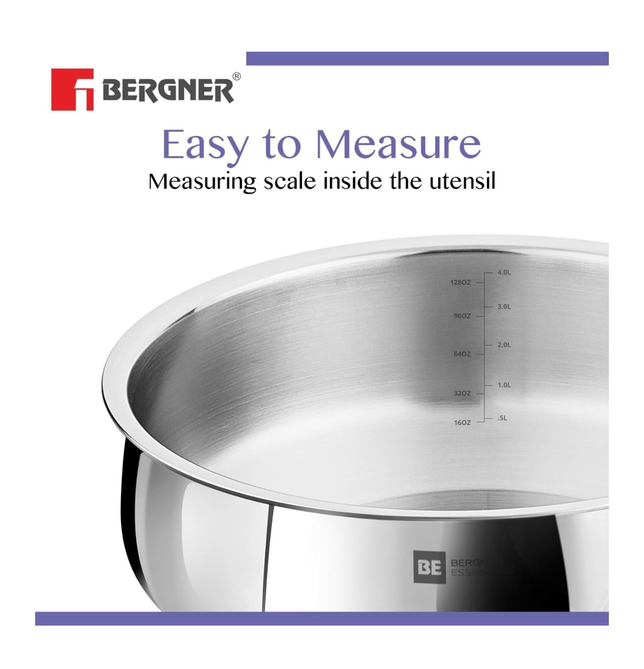 Bergner BE Essentials TriPly Stainless Steel 24 cm Biryani Handi with Lid, 4.4 L Biryani Pot, Patila Handi, Even Heat Distribution, Non-Toxic, Healthy, Less Oil Use - Induction and Gas Stove Ready