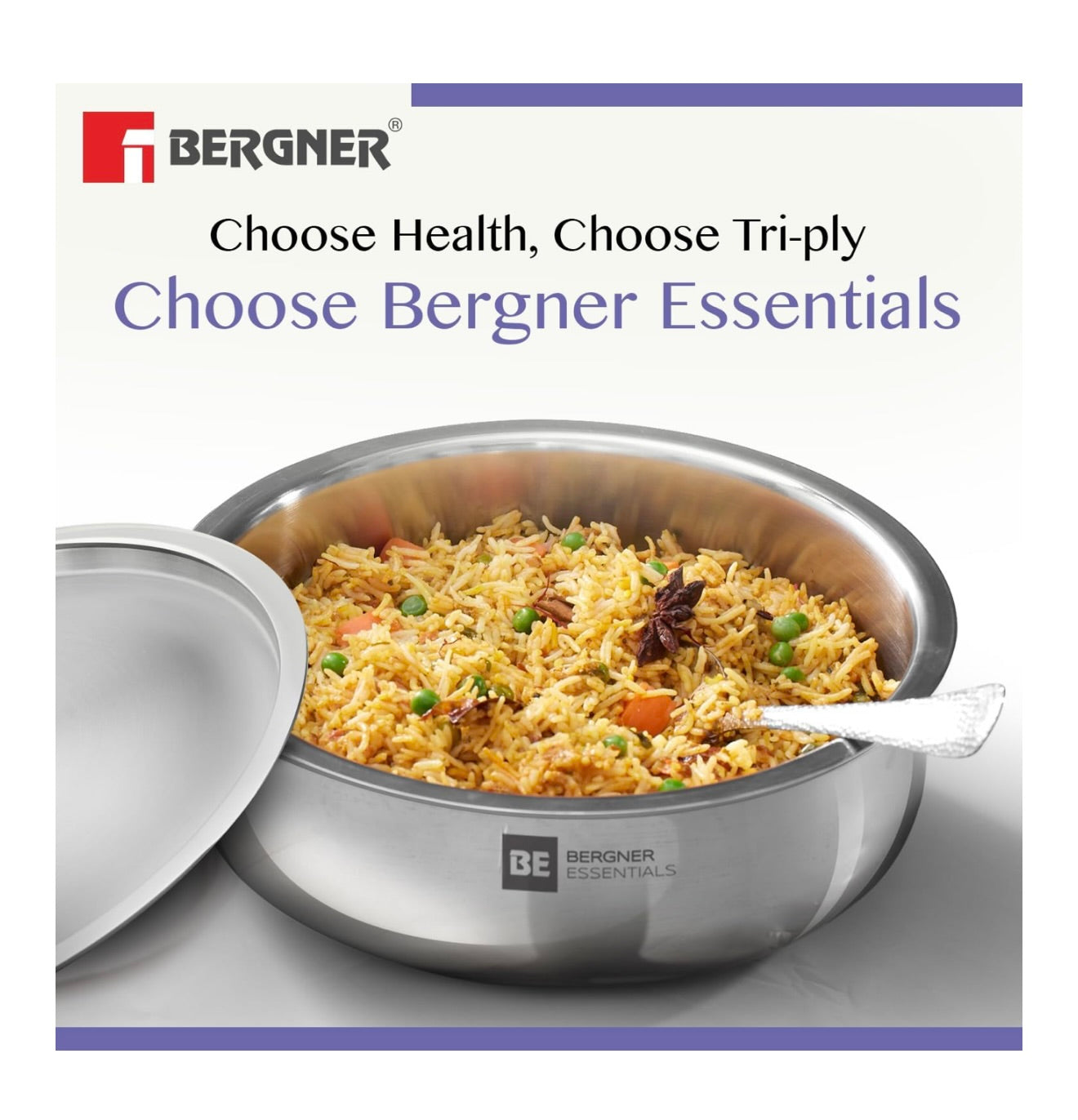 Bergner BE Essentials TriPly Stainless Steel 24 cm Biryani Handi with Lid, 4.4 L Biryani Pot, Patila Handi, Even Heat Distribution, Non-Toxic, Healthy, Less Oil Use - Induction and Gas Stove Ready