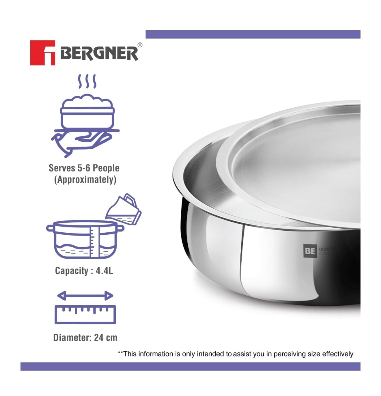 Bergner BE Essentials TriPly Stainless Steel 24 cm Biryani Handi with Lid, 4.4 L Biryani Pot, Patila Handi, Even Heat Distribution, Non-Toxic, Healthy, Less Oil Use - Induction and Gas Stove Ready