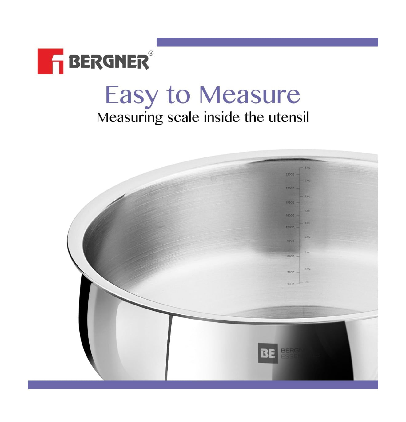Bergner BE Essentials TriPly Stainless Steel 32 cm Biryani Handi with Lid, 8.4L Biryani Pot, Large Patila Handi, Even Heat Distribution, Non-Toxic, Less Oil Use - Induction and Gas Stove Ready