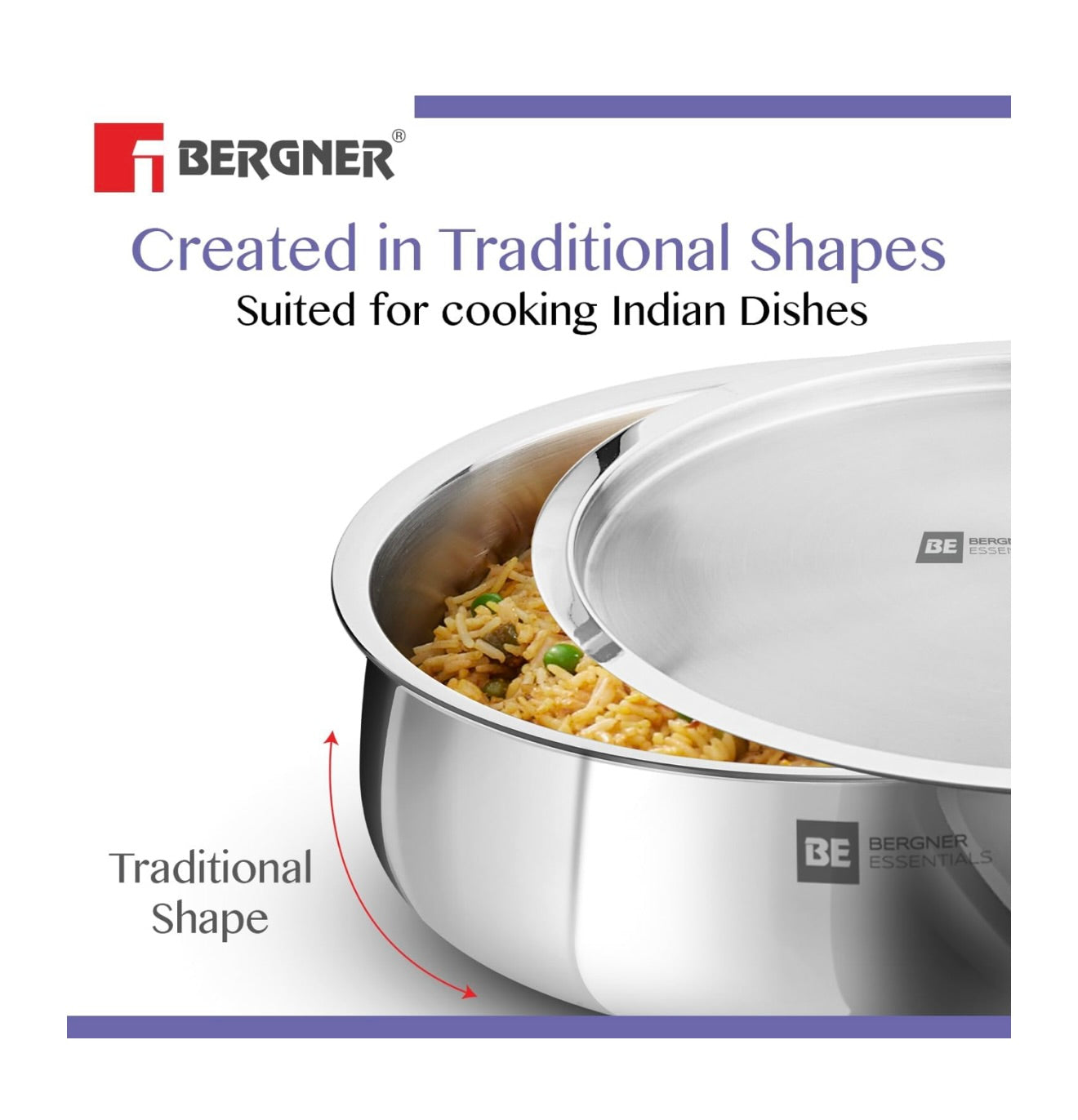 Bergner BE Essentials TriPly Stainless Steel 32 cm Biryani Handi with Lid, 8.4L Biryani Pot, Large Patila Handi, Even Heat Distribution, Non-Toxic, Less Oil Use - Induction and Gas Stove Ready