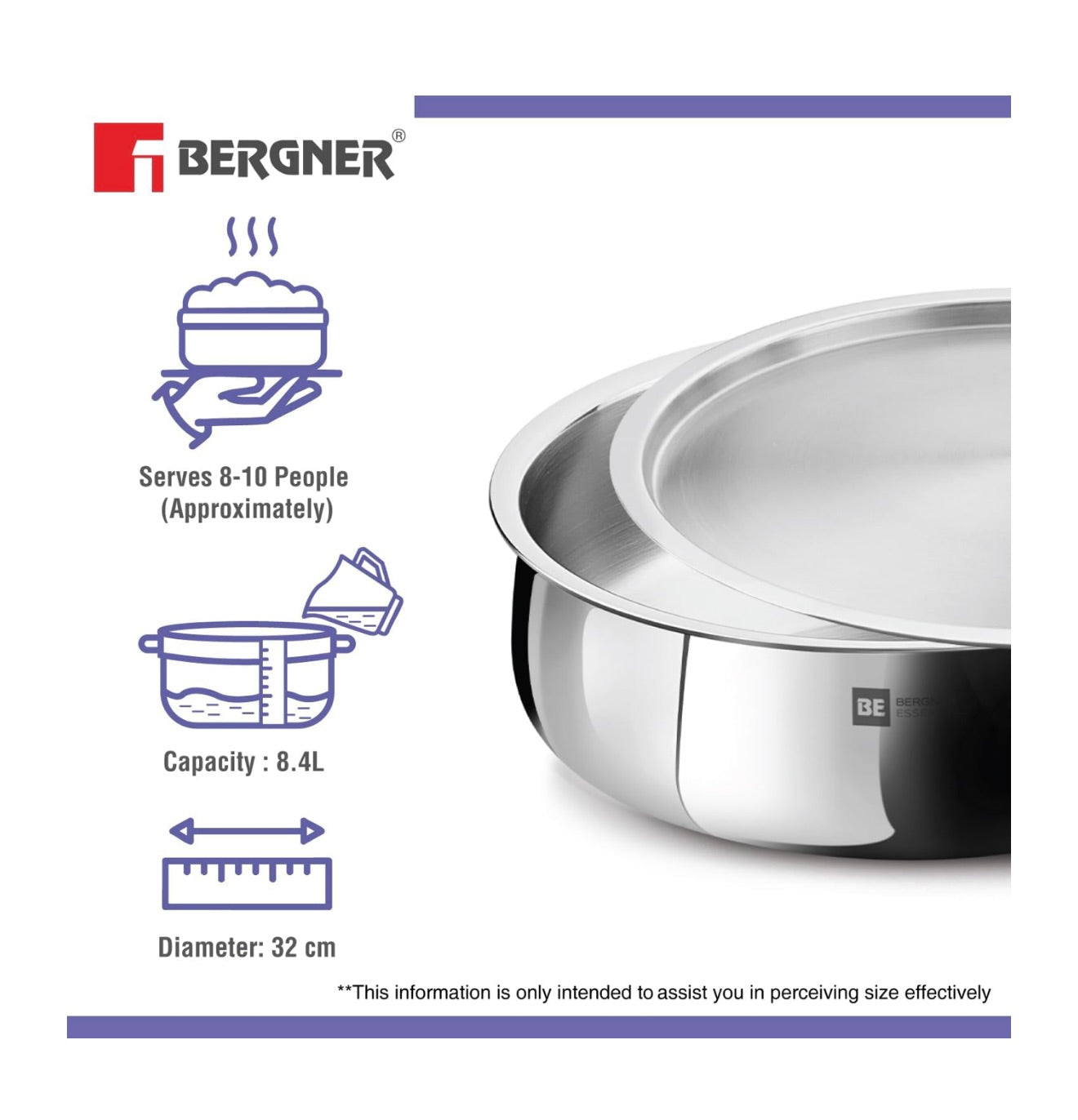 Bergner BE Essentials TriPly Stainless Steel 32 cm Biryani Handi with Lid, 8.4L Biryani Pot, Large Patila Handi, Even Heat Distribution, Non-Toxic, Less Oil Use - Induction and Gas Stove Ready