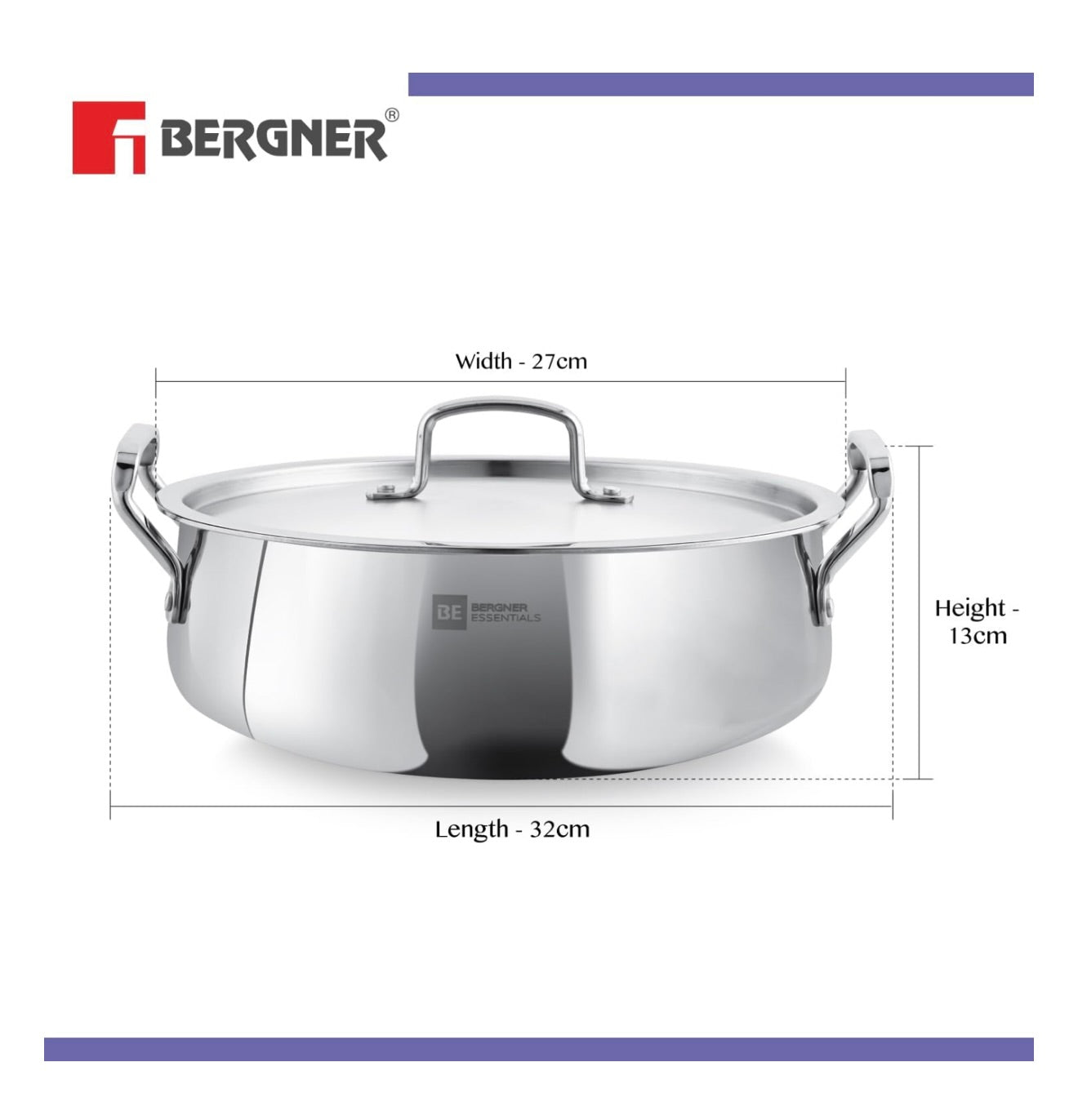 Bergner BE Essentials TriPly Stainless Steel 24 cm Biryani Handi with Lid, 4.3 L Biryani Pot, Patila Handi, Even Heat Distribution, Non-Toxic, Healthy, Less Oil Use - Induction and Gas Stove Ready