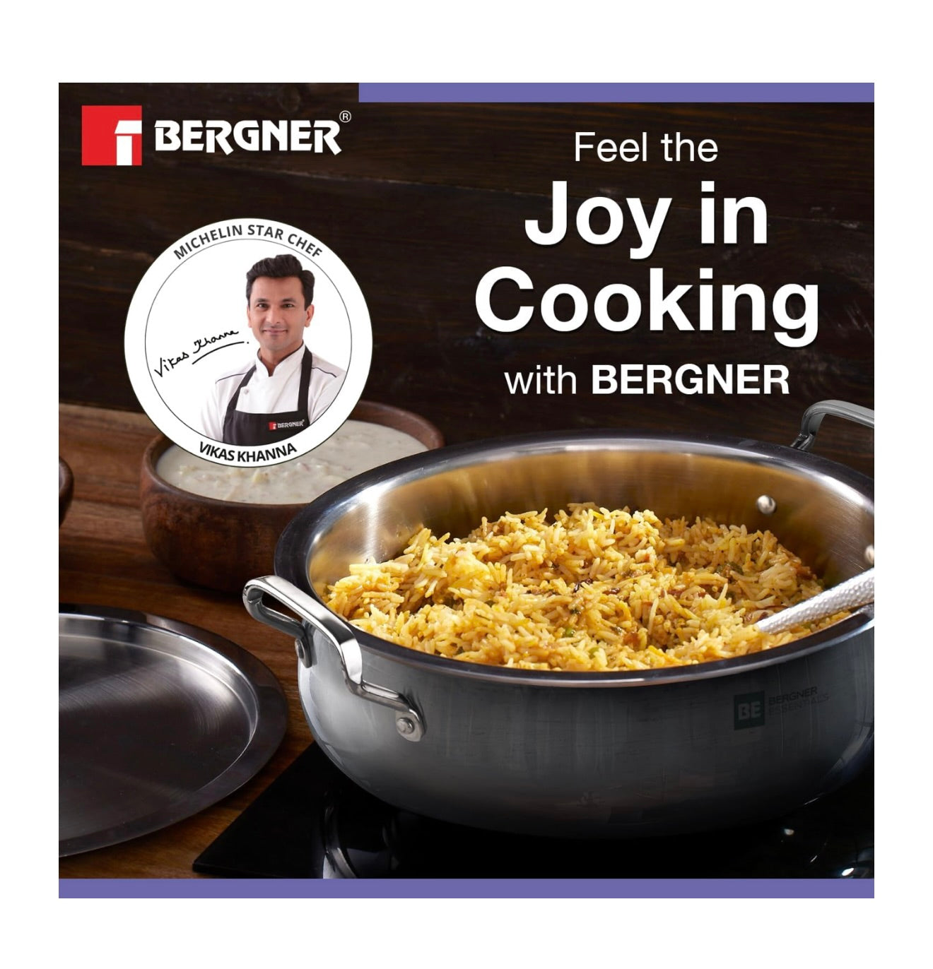 Bergner BE Essentials TriPly Stainless Steel 24 cm Biryani Handi with Lid, 4.3 L Biryani Pot, Patila Handi, Even Heat Distribution, Non-Toxic, Healthy, Less Oil Use - Induction and Gas Stove Ready