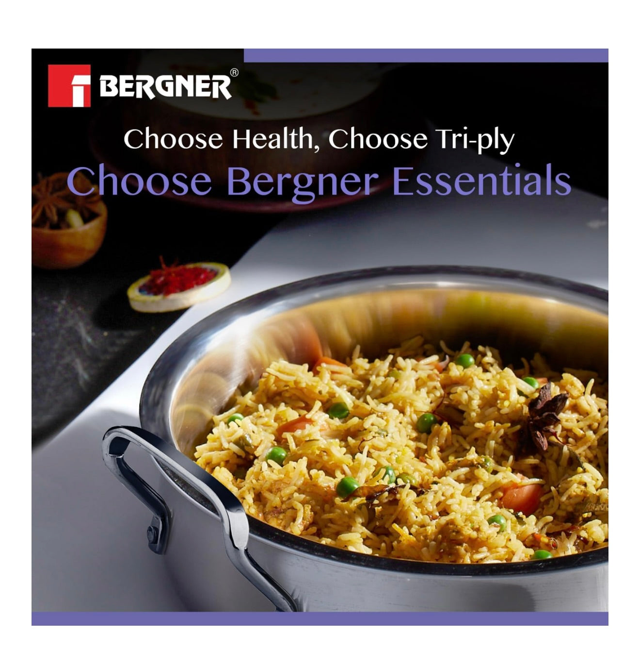 Bergner BE Essentials TriPly Stainless Steel 24 cm Biryani Handi with Lid, 4.3 L Biryani Pot, Patila Handi, Even Heat Distribution, Non-Toxic, Healthy, Less Oil Use - Induction and Gas Stove Ready