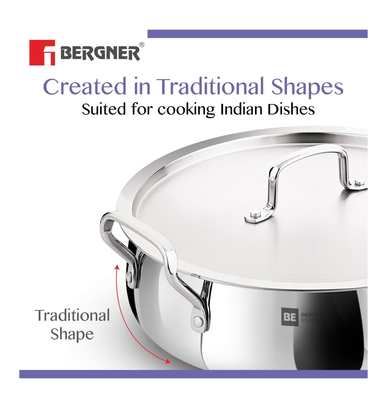 Bergner BE Essentials TriPly Stainless Steel 24 cm Biryani Handi with Lid, 4.3 L Biryani Pot, Patila Handi, Even Heat Distribution, Non-Toxic, Healthy, Less Oil Use - Induction and Gas Stove Ready