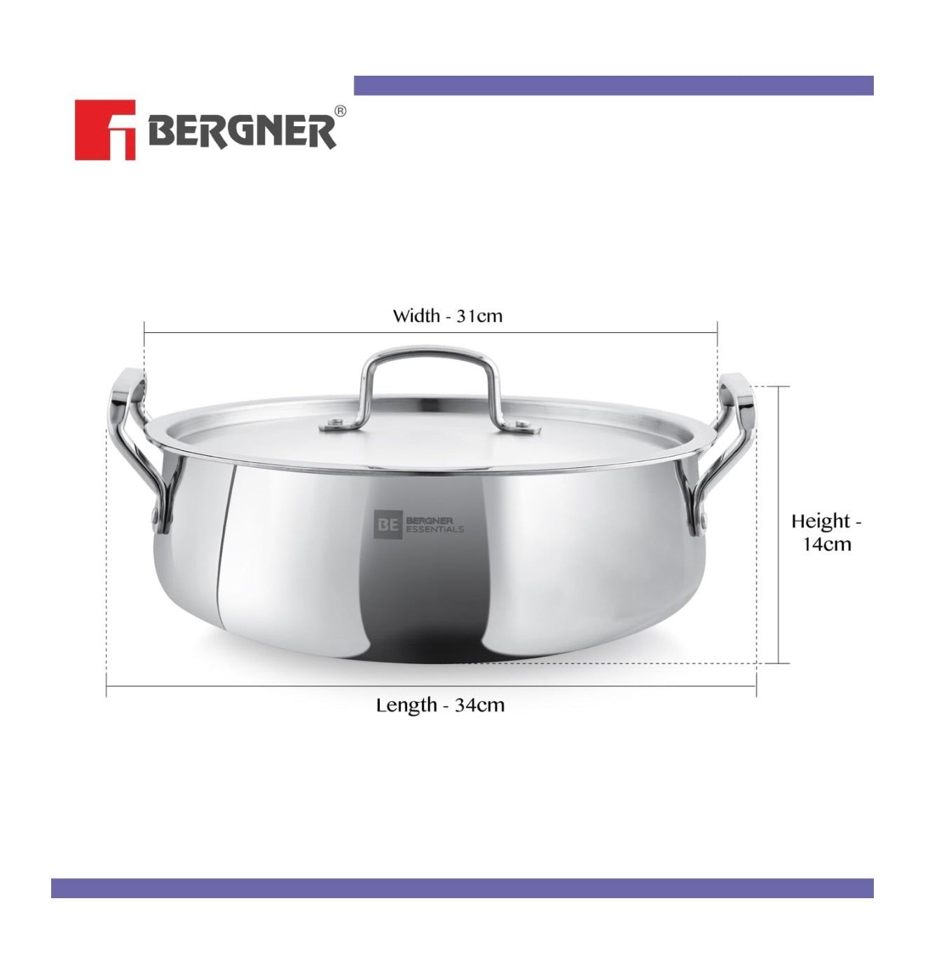 Bergner BE Essentials TriPly Stainless Steel 28 cm Biryani Handi with Lid, 6.2 L Biryani Pot, Patila Handi, Even Heat Distribution, Non-Toxic, Healthy, Less Oil Use - Induction and Gas Stove Ready