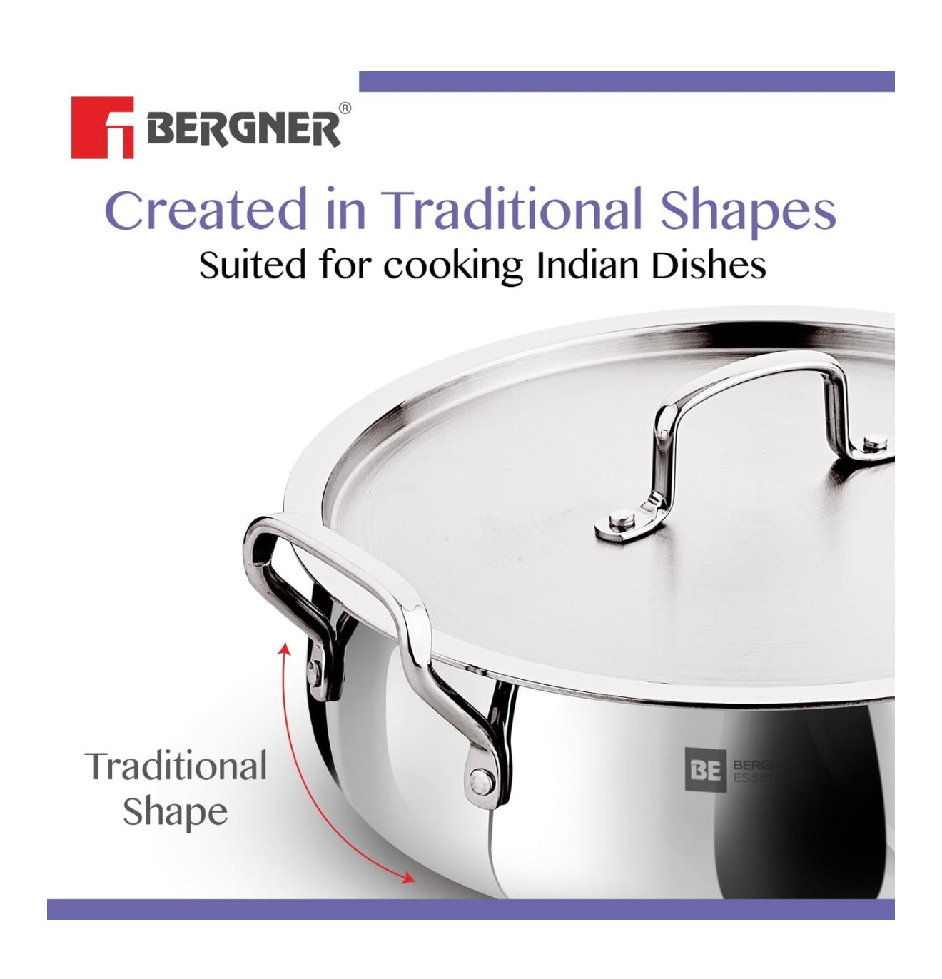 Bergner BE Essentials TriPly Stainless Steel 28 cm Biryani Handi with Lid, 6.2 L Biryani Pot, Patila Handi, Even Heat Distribution, Non-Toxic, Healthy, Less Oil Use - Induction and Gas Stove Ready