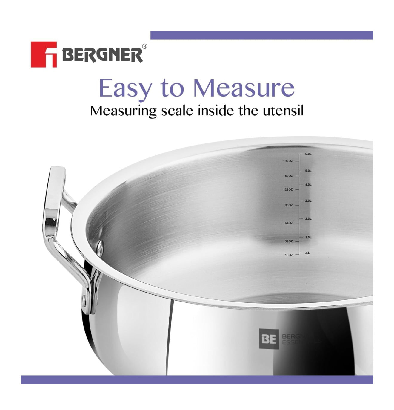 Bergner BE Essentials TriPly Stainless Steel 28 cm Biryani Handi with Lid, 6.2 L Biryani Pot, Patila Handi, Even Heat Distribution, Non-Toxic, Healthy, Less Oil Use - Induction and Gas Stove Ready