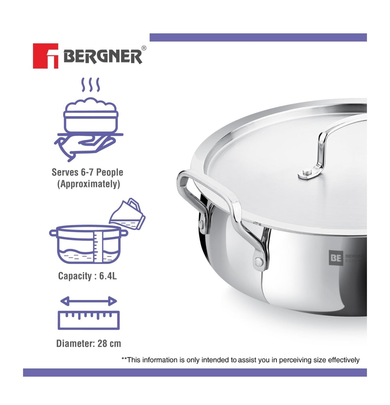 Bergner BE Essentials TriPly Stainless Steel 28 cm Biryani Handi with Lid, 6.2 L Biryani Pot, Patila Handi, Even Heat Distribution, Non-Toxic, Healthy, Less Oil Use - Induction and Gas Stove Ready