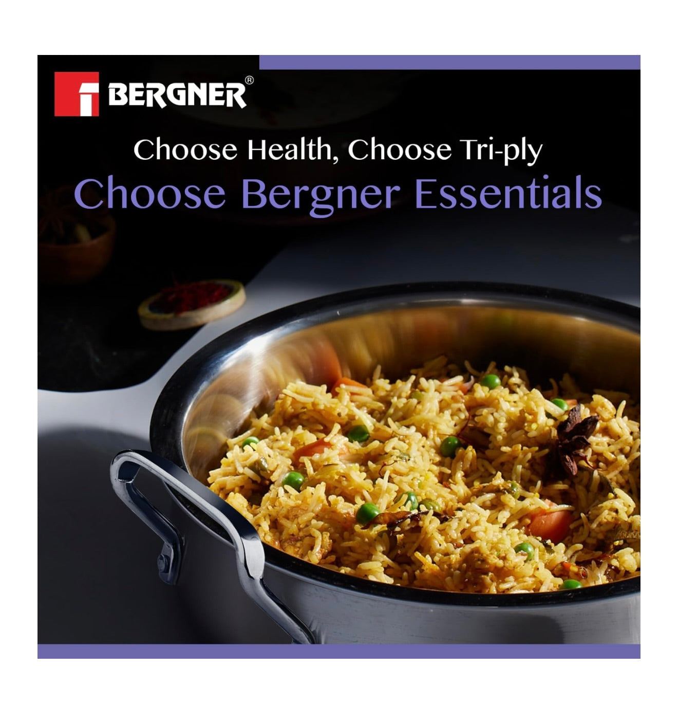 Bergner BE Essentials TriPly Stainless Steel 32 cm Biryani Handi Lid, 8.4 L Biryani Pot, Large Patila Handi, Even Heat Distribution, Non-Toxic, Healthy, Less Oil Use - Induction and Gas Stove Ready