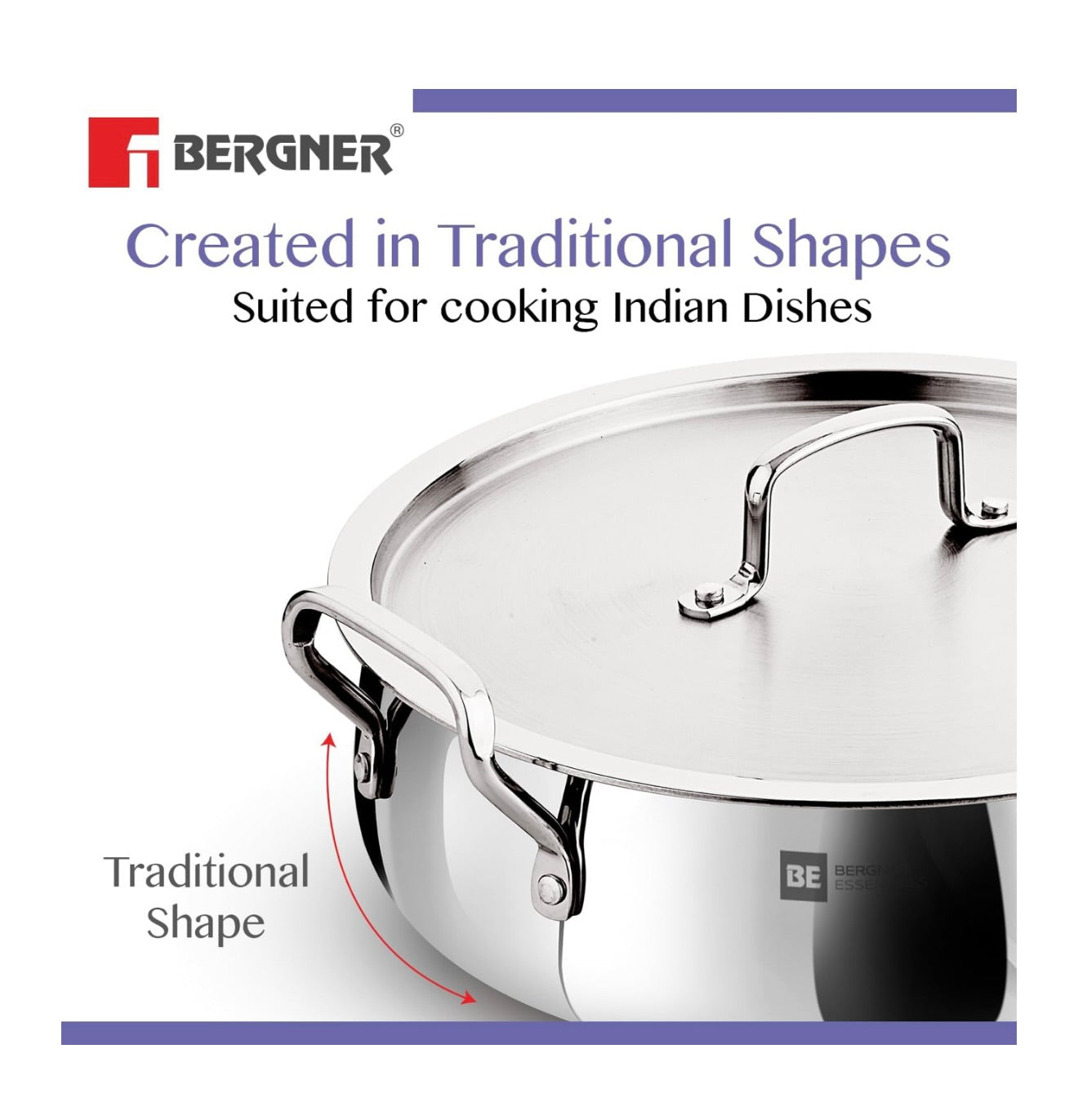 Bergner BE Essentials TriPly Stainless Steel 32 cm Biryani Handi Lid, 8.4 L Biryani Pot, Large Patila Handi, Even Heat Distribution, Non-Toxic, Healthy, Less Oil Use - Induction and Gas Stove Ready