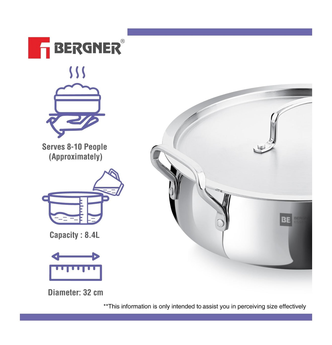 Bergner BE Essentials TriPly Stainless Steel 32 cm Biryani Handi Lid, 8.4 L Biryani Pot, Large Patila Handi, Even Heat Distribution, Non-Toxic, Healthy, Less Oil Use - Induction and Gas Stove Ready