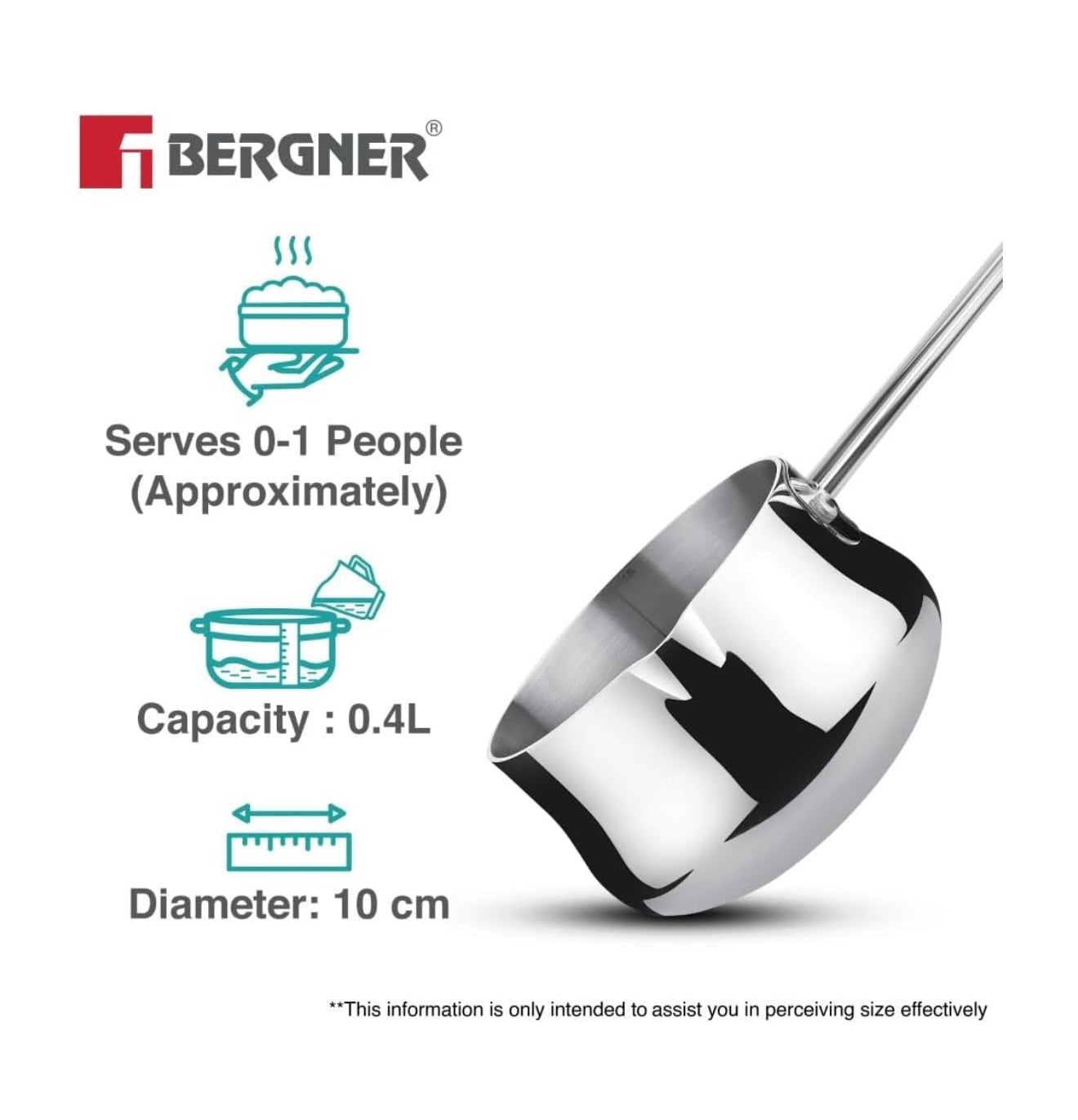 Bergner BE Essentials Tri-Ply 10cm (500ml) Stainless Steel sauce pan Even & Faster Heating, Food Safe, Durable, Easy to Pour, Serve and Clean - Induction Bottom and Gas Stove Ready