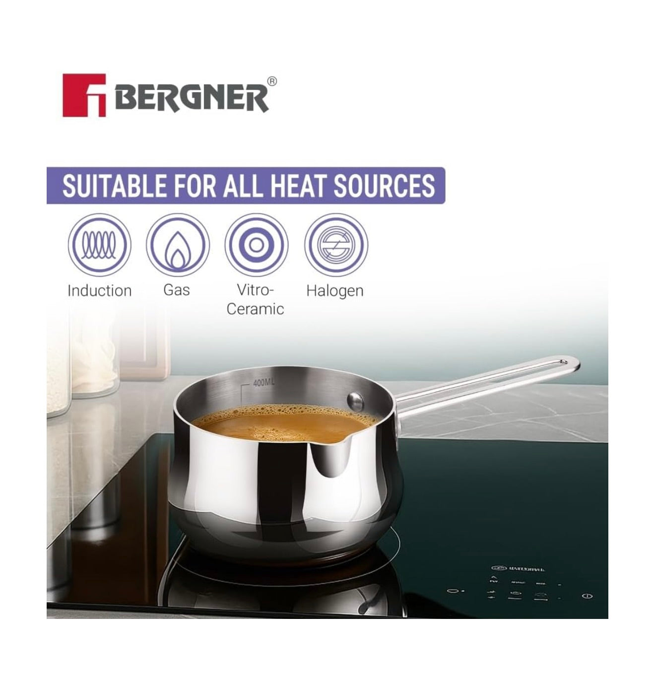 Bergner BE Essentials Tri-Ply 10cm (500ml) Stainless Steel sauce pan Even & Faster Heating, Food Safe, Durable, Easy to Pour, Serve and Clean - Induction Bottom and Gas Stove Ready