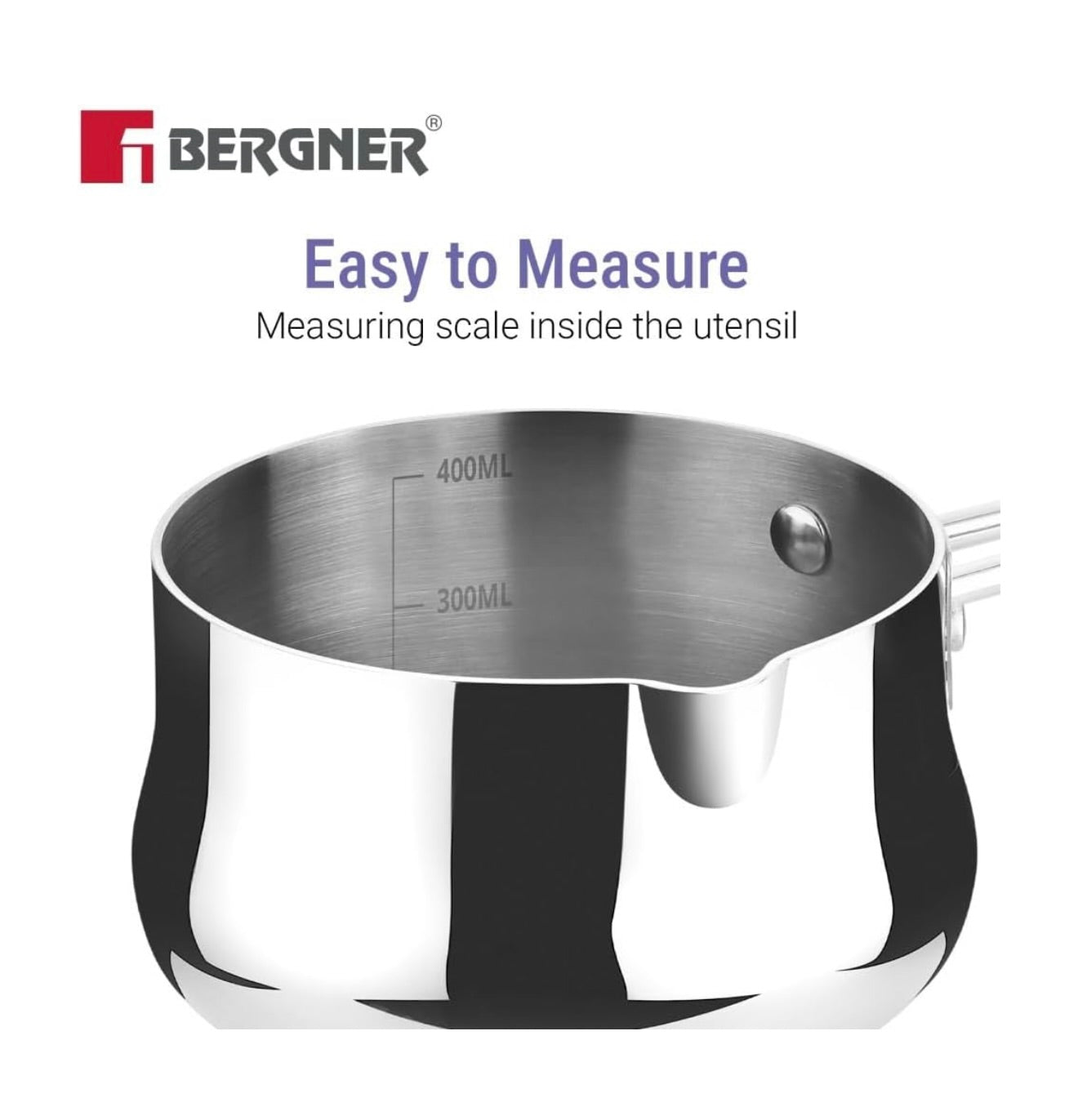 Bergner BE Essentials Tri-Ply 10cm (500ml) Stainless Steel sauce pan Even & Faster Heating, Food Safe, Durable, Easy to Pour, Serve and Clean - Induction Bottom and Gas Stove Ready